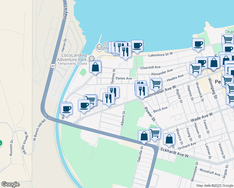 map of restaurants, bars, coffee shops, grocery stores, and more near 939 Burnaby Avenue in Penticton