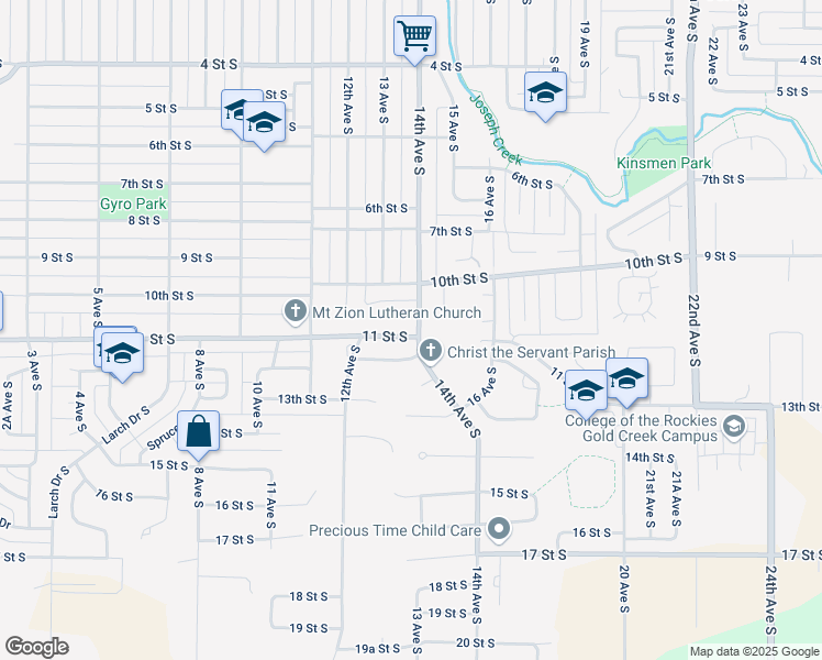 map of restaurants, bars, coffee shops, grocery stores, and more near 1316 11 Street South in Cranbrook