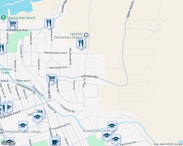 map of restaurants, bars, coffee shops, grocery stores, and more near 144 Andrew Place in Penticton