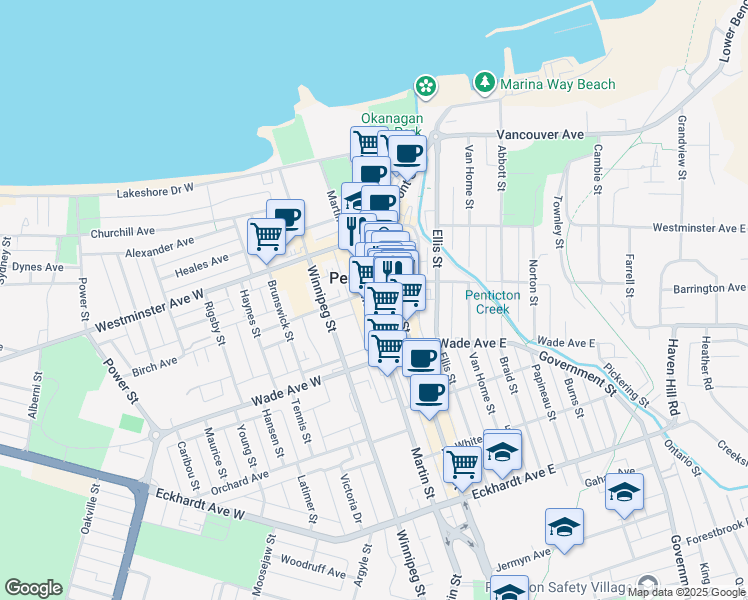 map of restaurants, bars, coffee shops, grocery stores, and more near 304 Martin Street in Penticton