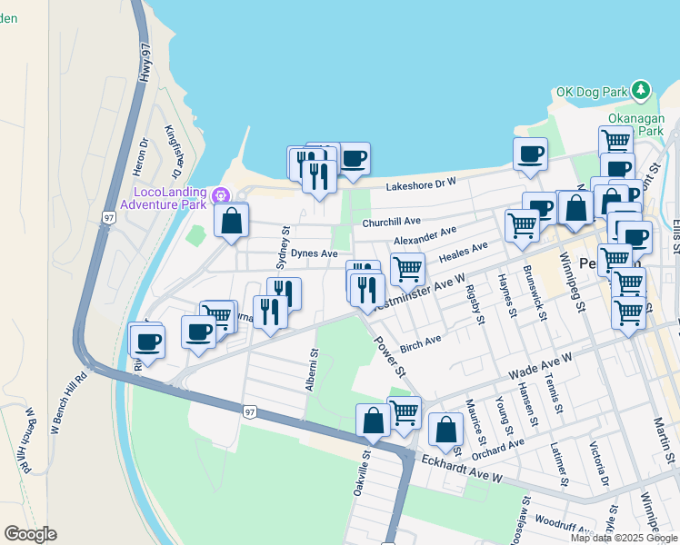 map of restaurants, bars, coffee shops, grocery stores, and more near 201 Riverside Drive in Penticton