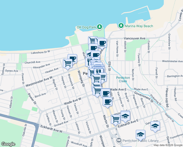 map of restaurants, bars, coffee shops, grocery stores, and more near 230 Martin Street in Penticton
