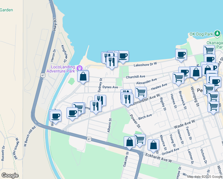 map of restaurants, bars, coffee shops, grocery stores, and more near 201 Riverside Drive in Penticton