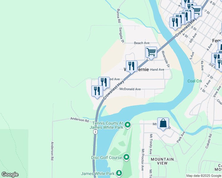 map of restaurants, bars, coffee shops, grocery stores, and more near McDonald Avenue in Fernie