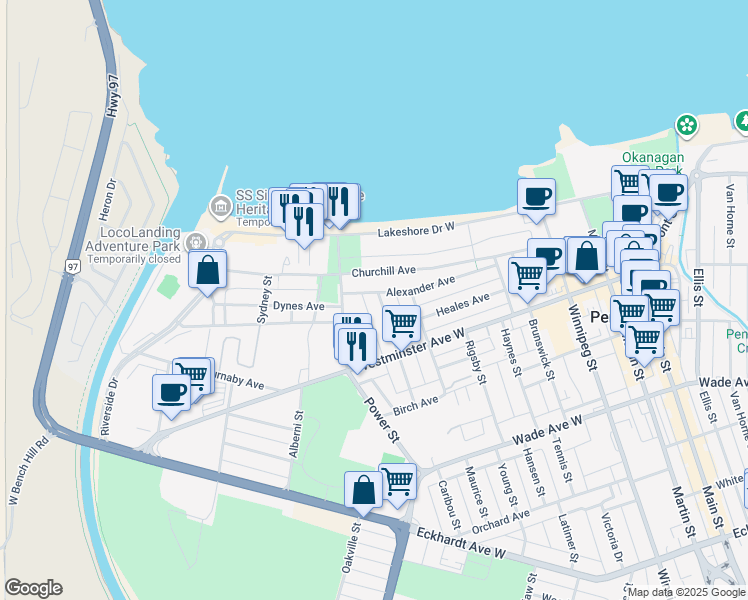 map of restaurants, bars, coffee shops, grocery stores, and more near 101 Bassett Street in Penticton