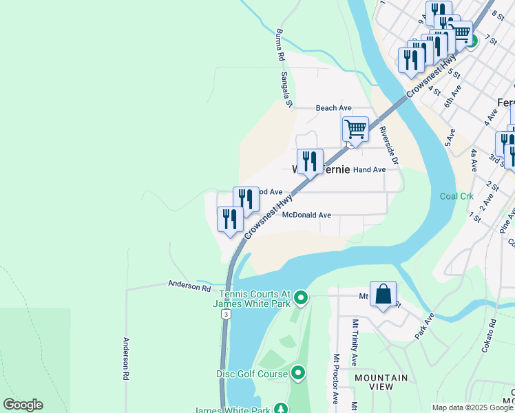 map of restaurants, bars, coffee shops, grocery stores, and more near 1500 McDonald Avenue in Fernie