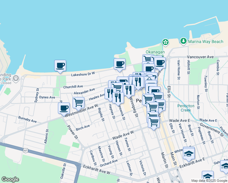 map of restaurants, bars, coffee shops, grocery stores, and more near 163 Brunswick Street in Penticton