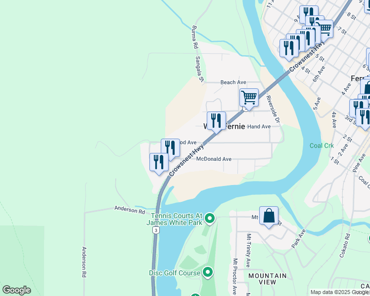 map of restaurants, bars, coffee shops, grocery stores, and more near 100-1500 McDonald Avenue in Fernie