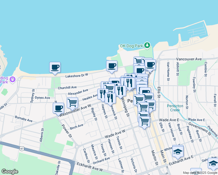 map of restaurants, bars, coffee shops, grocery stores, and more near 163 Brunswick Street in Penticton