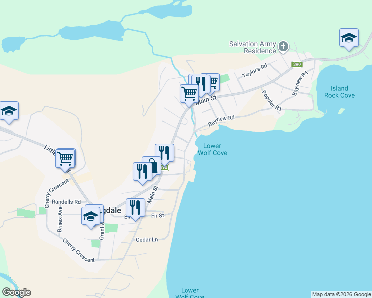 map of restaurants, bars, coffee shops, grocery stores, and more near 70 Bayview Road in Springdale
