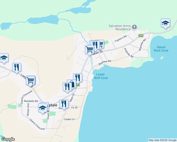 map of restaurants, bars, coffee shops, grocery stores, and more near 70 Bayview Road in Springdale