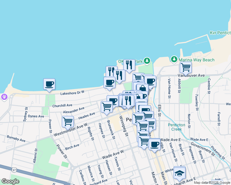 map of restaurants, bars, coffee shops, grocery stores, and more near 160 Lakeshore Drive West in Penticton