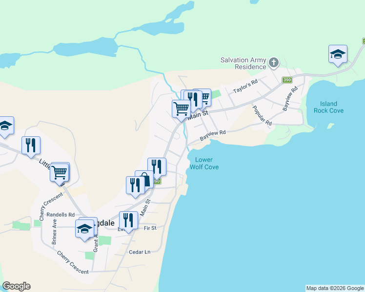 map of restaurants, bars, coffee shops, grocery stores, and more near 70 Bayview Road in Springdale