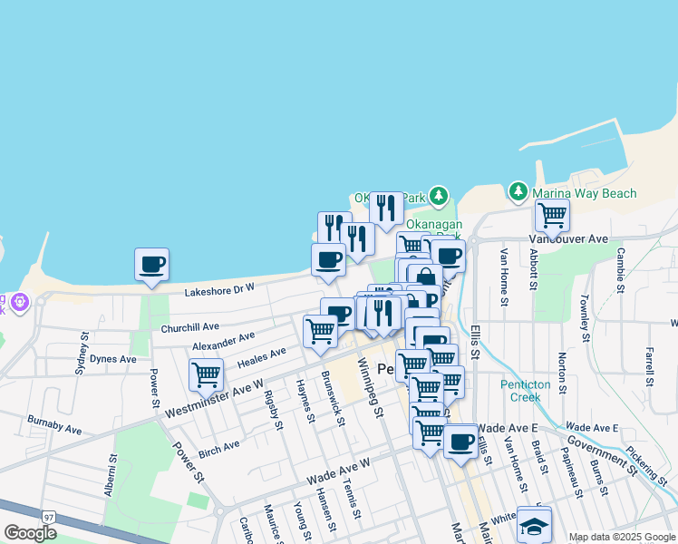 map of restaurants, bars, coffee shops, grocery stores, and more near 160 Lakeshore Drive West in Penticton