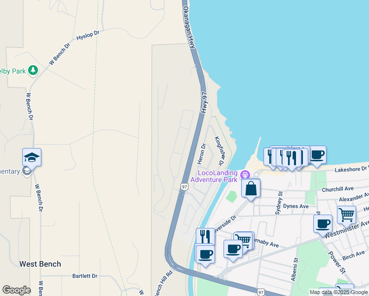 map of restaurants, bars, coffee shops, grocery stores, and more near Red Wing Drive in Penticton