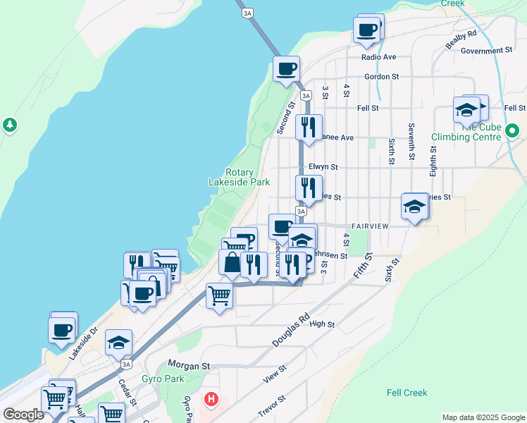 map of restaurants, bars, coffee shops, grocery stores, and more near 514 First Street in Nelson
