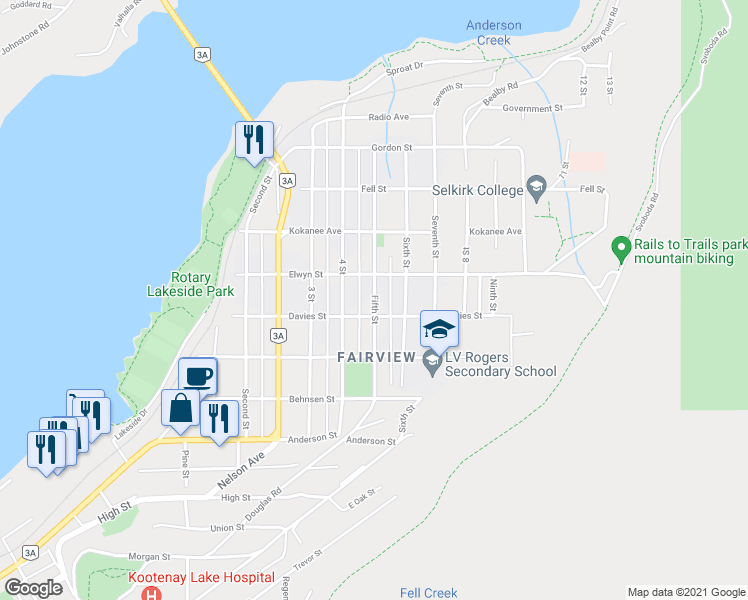 map of restaurants, bars, coffee shops, grocery stores, and more near Fifth Street in Nelson