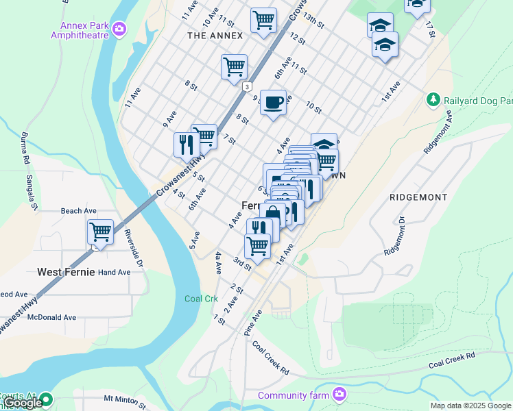 map of restaurants, bars, coffee shops, grocery stores, and more near in Fernie