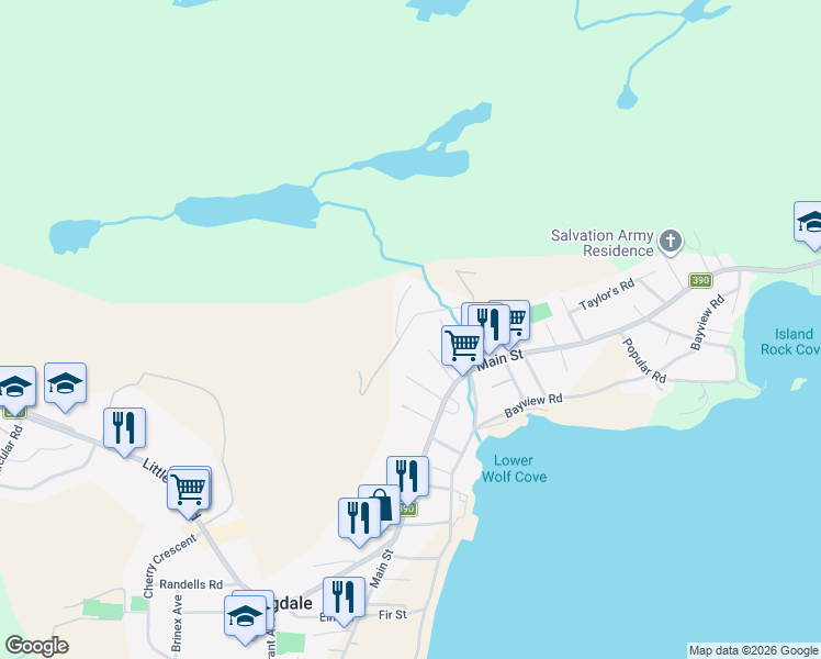 map of restaurants, bars, coffee shops, grocery stores, and more near 30 Maple Street in Springdale