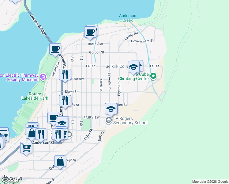 map of restaurants, bars, coffee shops, grocery stores, and more near Elwyn Street in Nelson