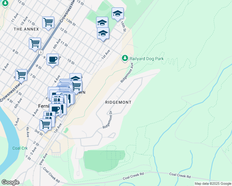 map of restaurants, bars, coffee shops, grocery stores, and more near 40 Ridgemont Avenue in Fernie