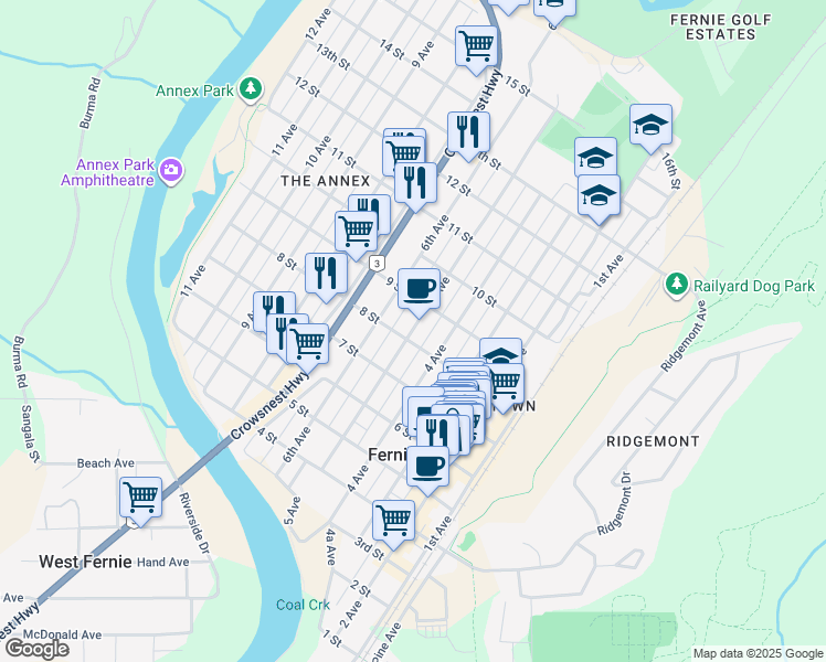 map of restaurants, bars, coffee shops, grocery stores, and more near 822 5 Avenue in Fernie