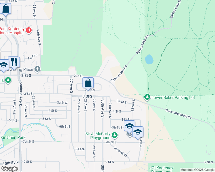 map of restaurants, bars, coffee shops, grocery stores, and more near 205 31 Avenue South in Cranbrook