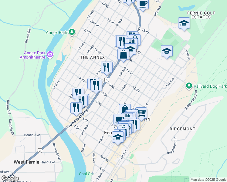 map of restaurants, bars, coffee shops, grocery stores, and more near 822 5 Avenue in Fernie