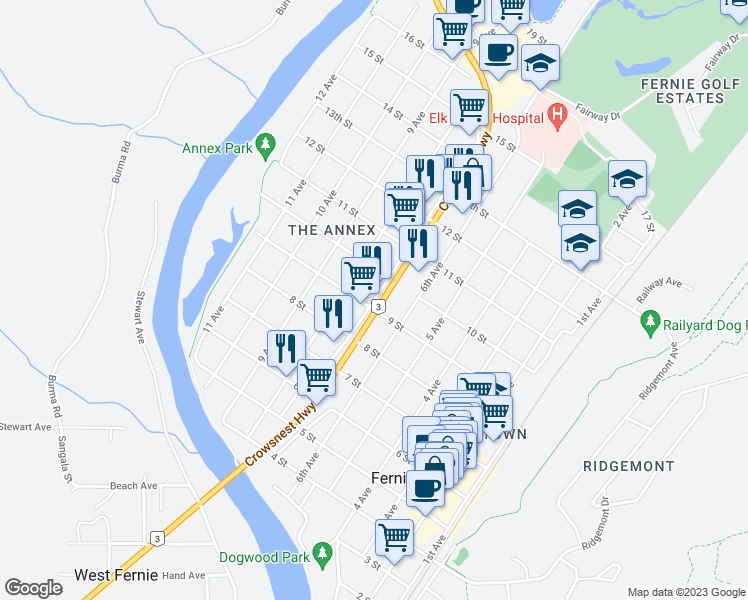 map of restaurants, bars, coffee shops, grocery stores, and more near 915 7 Avenue in Fernie