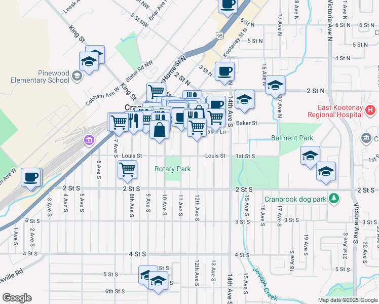 map of restaurants, bars, coffee shops, grocery stores, and more near 45 12th Avenue South in Cranbrook
