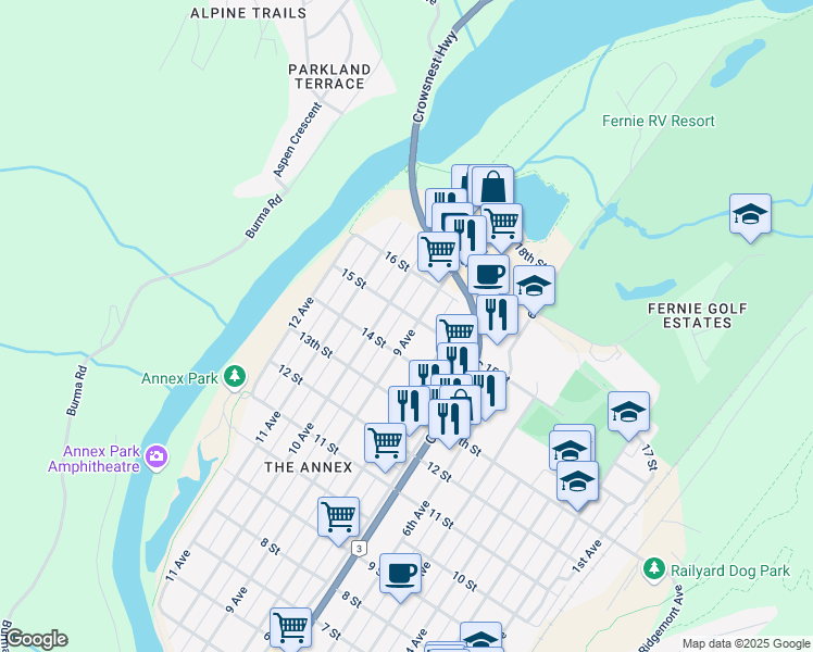 map of restaurants, bars, coffee shops, grocery stores, and more near 1461 9 Avenue in Fernie