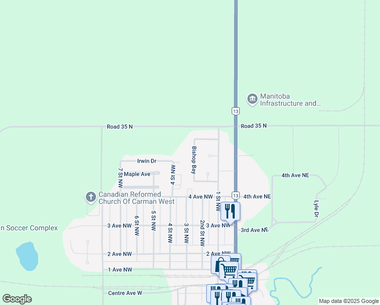 map of restaurants, bars, coffee shops, grocery stores, and more near 88 Bishop Bay in Carman