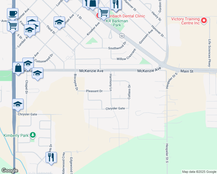 map of restaurants, bars, coffee shops, grocery stores, and more near 112 Harmony Lane in Steinbach