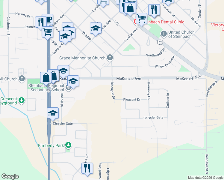 map of restaurants, bars, coffee shops, grocery stores, and more near Biscayne Drive in Steinbach