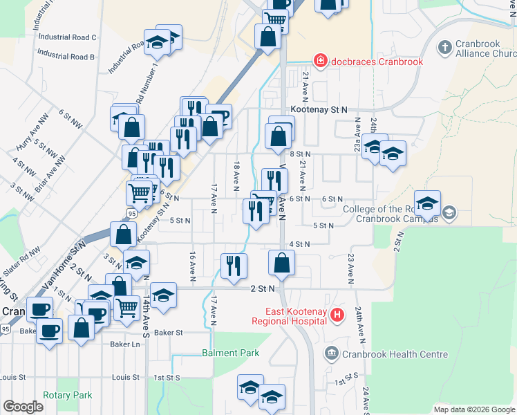 map of restaurants, bars, coffee shops, grocery stores, and more near 535 Victoria Avenue North in Cranbrook