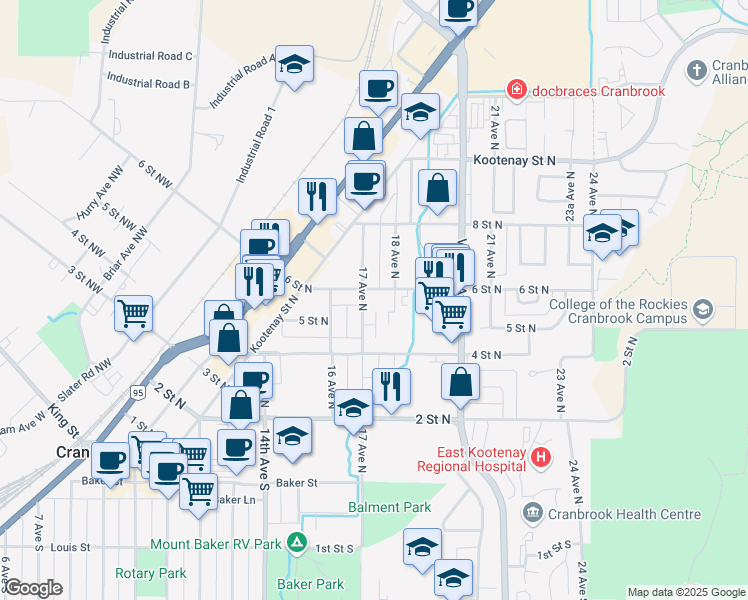 map of restaurants, bars, coffee shops, grocery stores, and more near 1705 6 Street North in Cranbrook