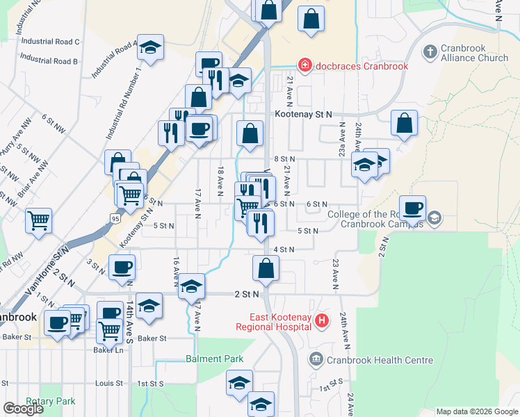 map of restaurants, bars, coffee shops, grocery stores, and more near 535 Victoria Avenue North in Cranbrook
