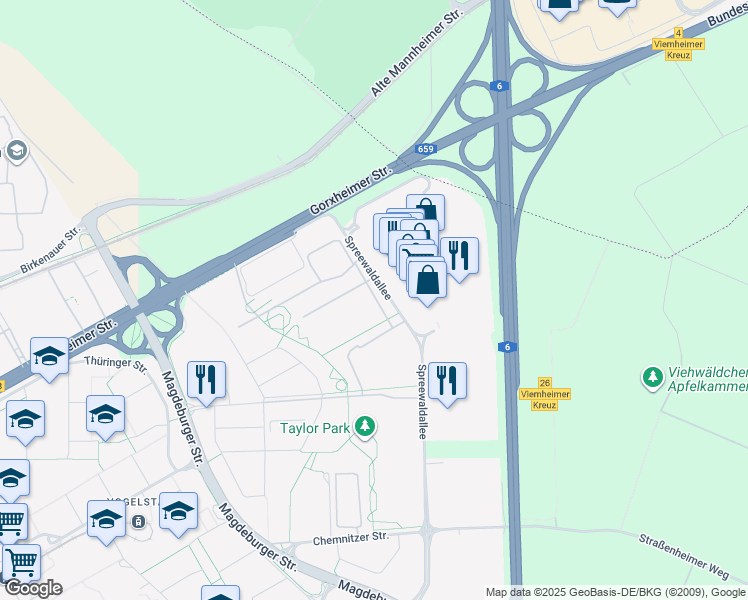 map of restaurants, bars, coffee shops, grocery stores, and more near 333 Taylor Barracks in Mannheim