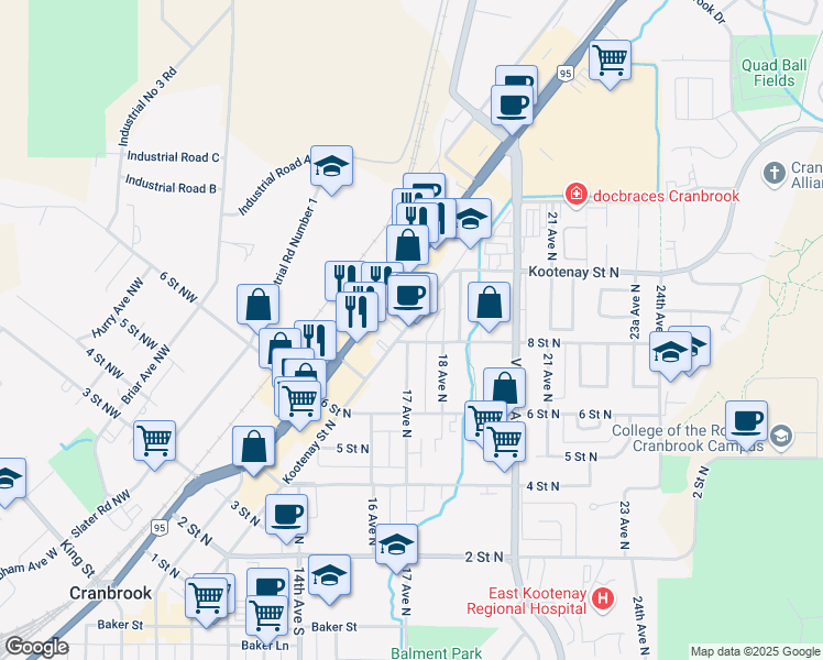map of restaurants, bars, coffee shops, grocery stores, and more near 814 Kootenay Street North in Cranbrook