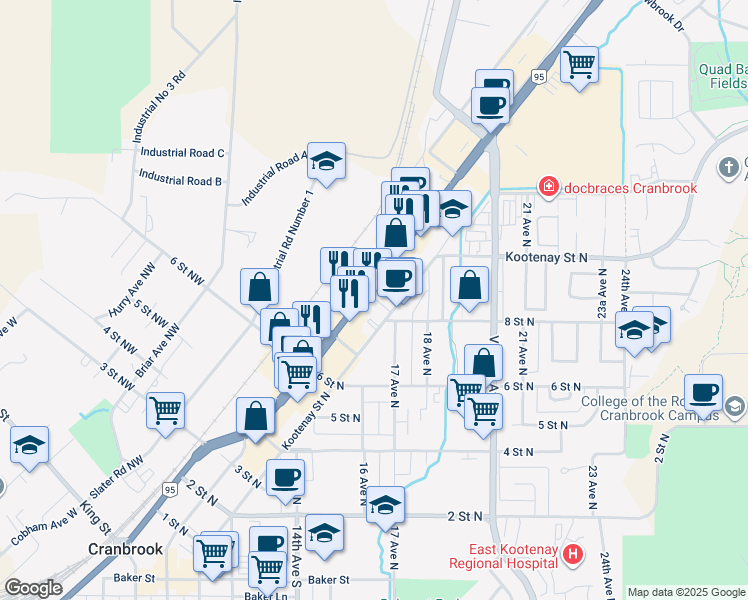 map of restaurants, bars, coffee shops, grocery stores, and more near 814 Kootenay Street North in Cranbrook