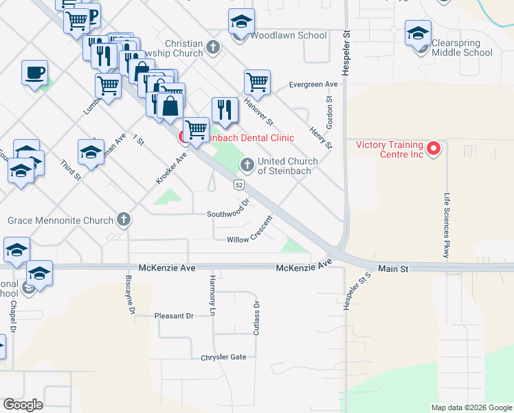 map of restaurants, bars, coffee shops, grocery stores, and more near 574 Main Street in Steinbach
