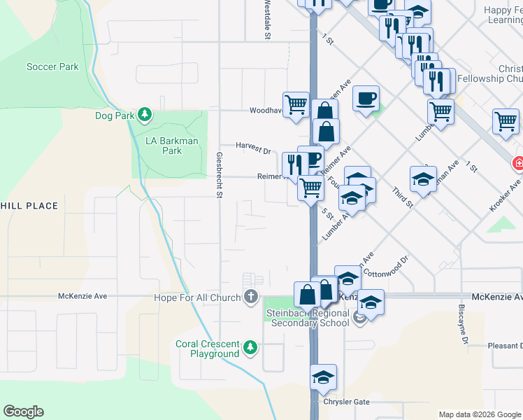 map of restaurants, bars, coffee shops, grocery stores, and more near 23 Cambridge Way in Steinbach