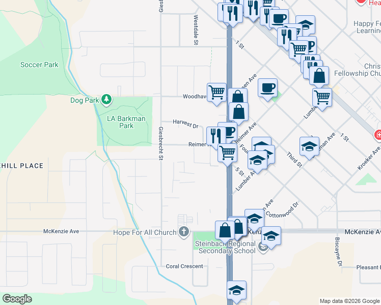 map of restaurants, bars, coffee shops, grocery stores, and more near 155 Reimer Avenue West in Steinbach