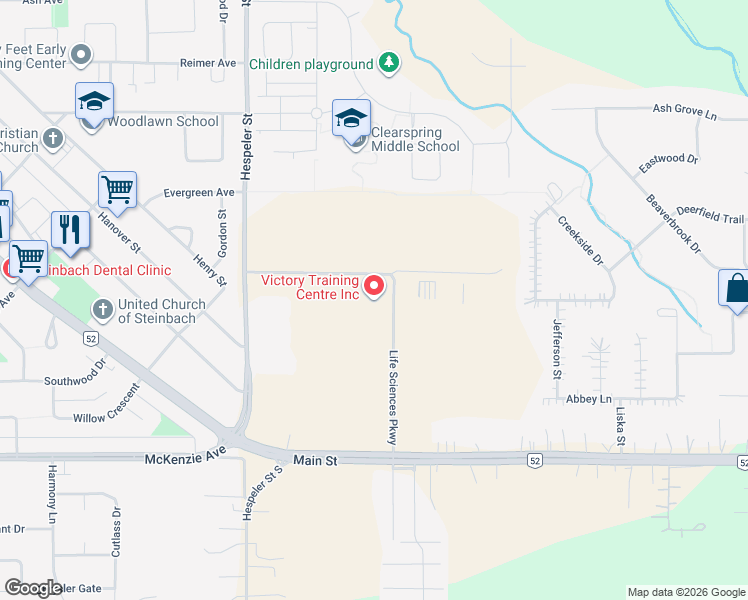 map of restaurants, bars, coffee shops, grocery stores, and more near 62 Life Sciences Parkway in Steinbach
