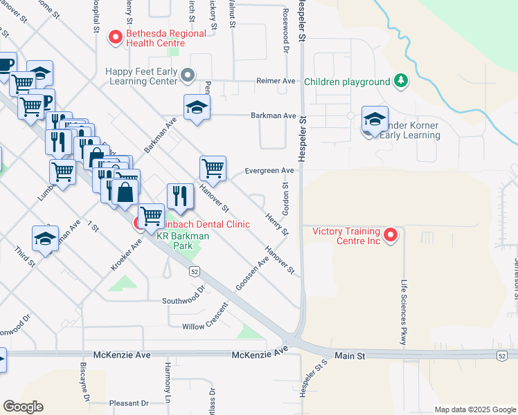 map of restaurants, bars, coffee shops, grocery stores, and more near 548 Henry Street in Steinbach
