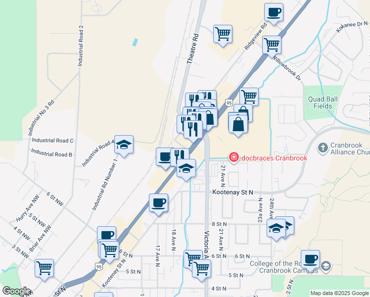 map of restaurants, bars, coffee shops, grocery stores, and more near Cranbrook Street North in Cranbrook