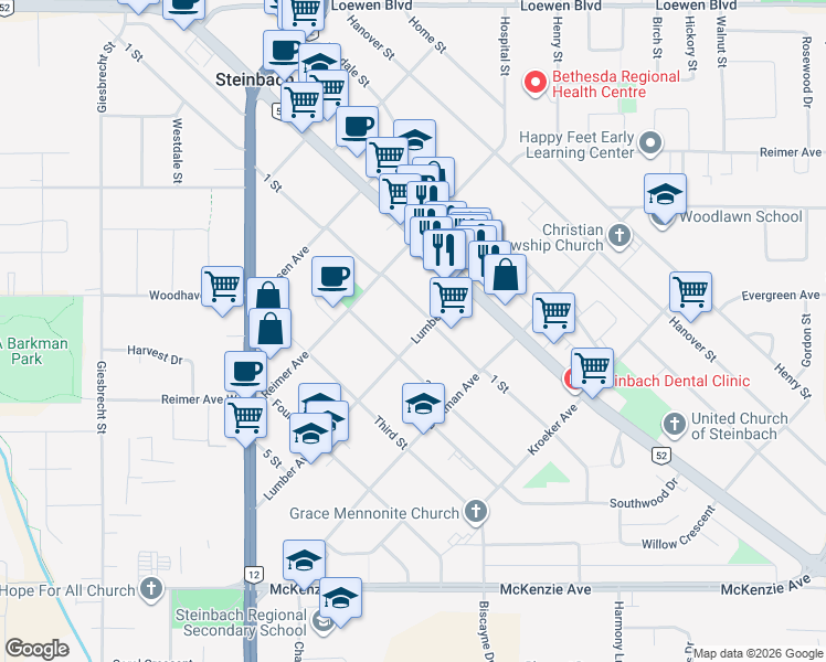 map of restaurants, bars, coffee shops, grocery stores, and more near 204 Lumber Avenue in Steinbach