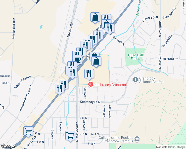 map of restaurants, bars, coffee shops, grocery stores, and more near 1500 Cranbrook Street North in Cranbrook