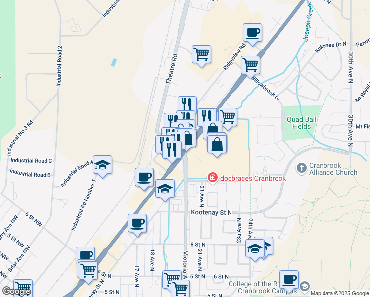 map of restaurants, bars, coffee shops, grocery stores, and more near 1500 Cranbrook Street North in Cranbrook