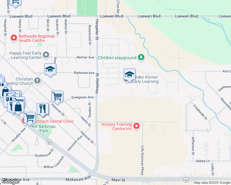map of restaurants, bars, coffee shops, grocery stores, and more near 2 Brighton Lane in Steinbach